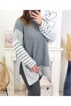 LARGE SIZE KNIT SWEATER WITH STRIPES K02 GREY