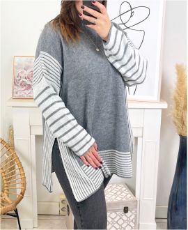 LARGE SIZE KNIT SWEATER WITH STRIPES K02 GREY