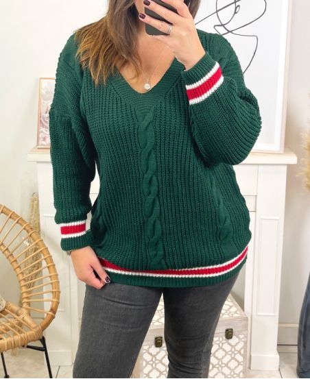 GRANDE TAILLE PULLOVER LONG TORSADE K03 VERT MILITAIRE