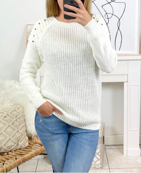 PULLOVER MESH SHOULDERS STUDDED PEARLS 8080 WHITE