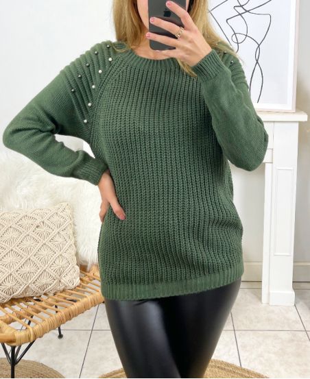 PULLOVER MAILLE EPAULES CLOUTEES PERLES 8080 VERT MILITAIRE