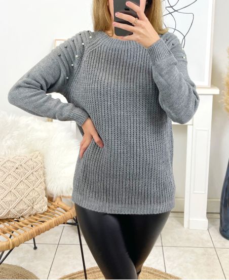 PULLOVER MESH SHOULDERS STUDDED BEADS 8080 GREY