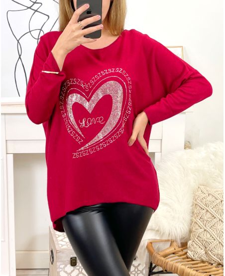 PULL FIN COEUR STRASS 2101 ROUGE