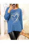 PULL FIN COEUR STRASS 2101 BLEU