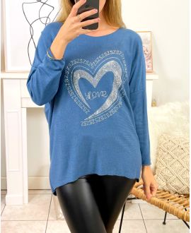 SWEATER FINE HEART RHINESTONE 2101 BLUE