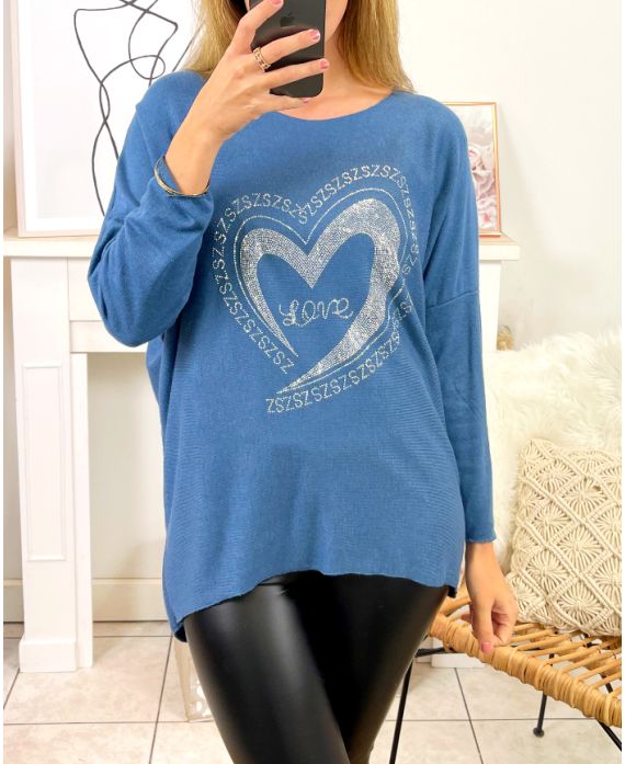 PULL FIN COEUR STRASS 2101 BLEU