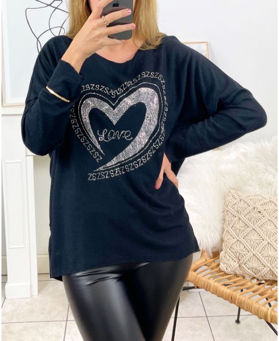 PULL FINL COEUR STRASS 2101 NOIR