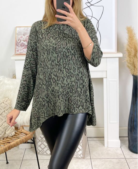 LEOPARD 2105 MILITARY GREEN PRINTED THIN SWEATER