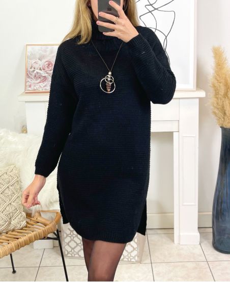 TURTLENECK DRESS SWEATER WITH NECKLACE 8083 BLACK