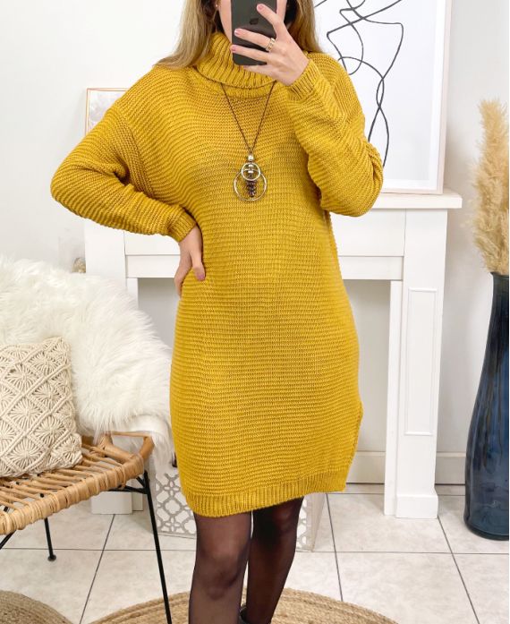 TURTLENECK DRESS SWEATER WITH NECKLACE 8083 MUSTARD