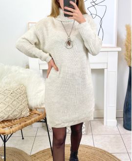 TURTLENECK DRESS SWEATER WITH NECKLACE 8083 BEIGE