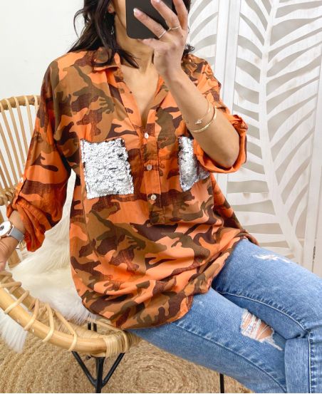 CAMOUFLAGE TUNIC OVERSIZE SEQUINS PE118 ORANGE