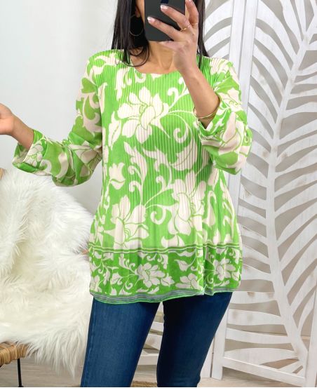 PLEATED BLOUSE PRINTED PE122 GREEN