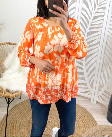 BLUSA PLISADA ESTAMPADA PE122 NARANJA