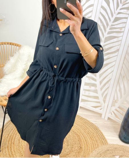 SHIRT DRESS WITH BUTTONS LINK ADJUSTABLE WAIST PE208 BLACK