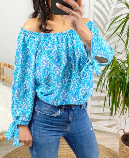 FLOWER TOP ELASTIC NECKLINE PE217 BLUE