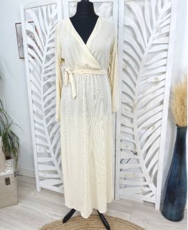 ROBE LONGUE TISSUS PLISSE BRILLANT AVEC LIEN PE287 BEIGE