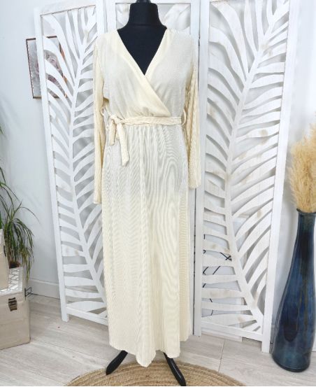 LANGES KLEID GLÄNZEND PLISSIERTE STOFFE MIT PE287 BEIGE LINK