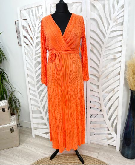 VESTIDO LARGO PLISADO PLISADO BRILLANTE CON PE287 ORANGE LINK