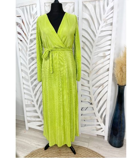 ROBE LONGUE TISSUS PLISSE BRILLANT AVEC LIEN PE287 VERT