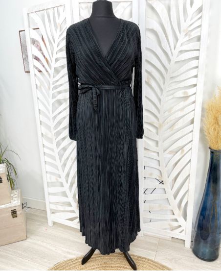 LONG GLOSSY PLEATED FABRIC DRESS WITH PE287 BLACK LINK