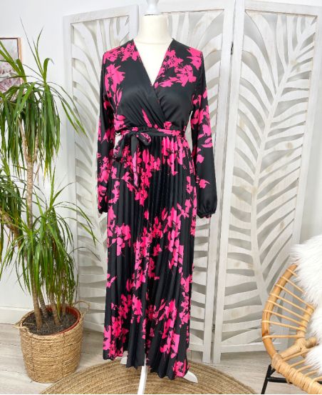 VESTIDO PLISADO LARGO SATINADO PE626 NEGRO