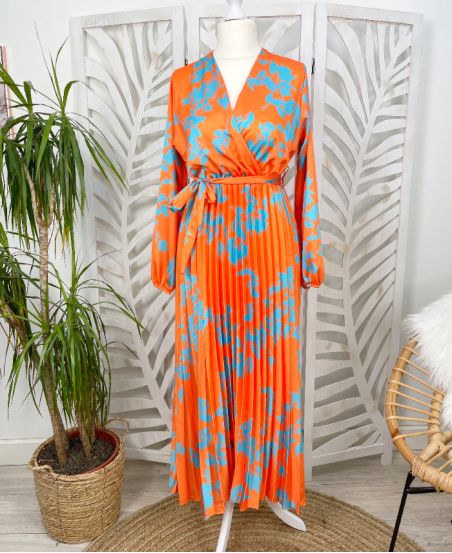 VESTIDO PLISADO LARGO SATINADO PE626 NARANJA
