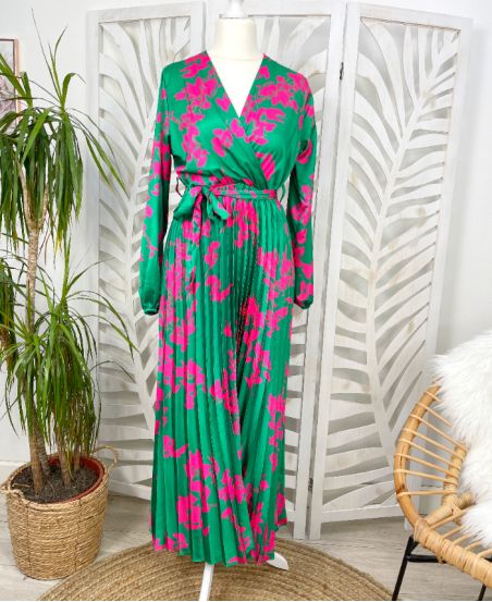 VESTIDO LARGO PLISADO SATINADO PE626 VERDE ESMERALDA
