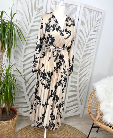 VESTIDO PLISADO LARGO SATINADO PE626 BEIGE