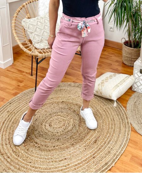 PANTALON TISSUS EXTENSIBLE 2 POCHES AVEC LIEN PE665 ROSE