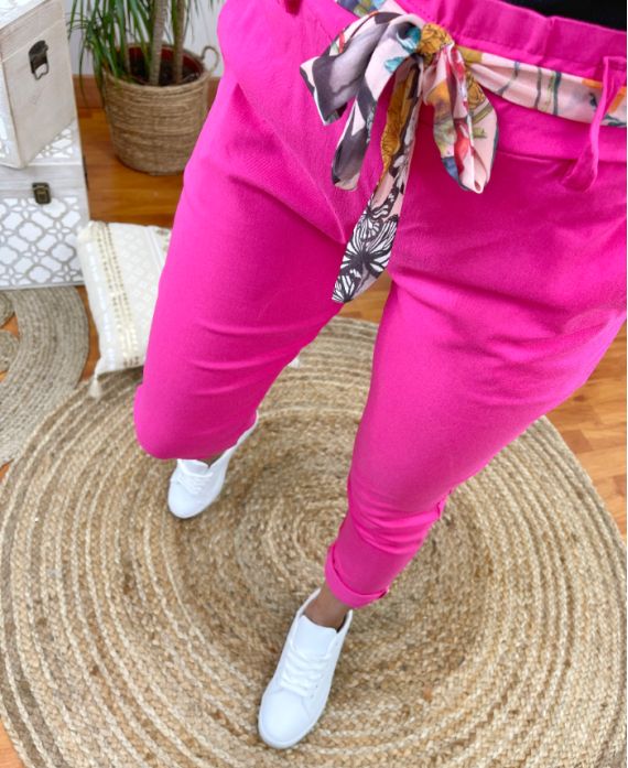 PANTALON TISSUS EXTENSIBLE 2 POCHES AVEC LIEN PE665 FUSHIA