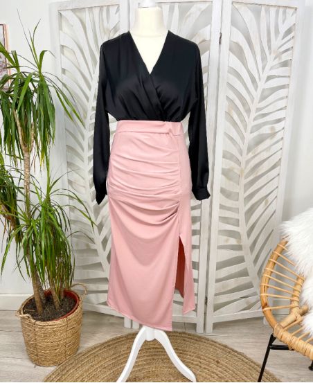 LONG PLEAT SKIRT SLIT STRETCH FABRIC PE407 PINK