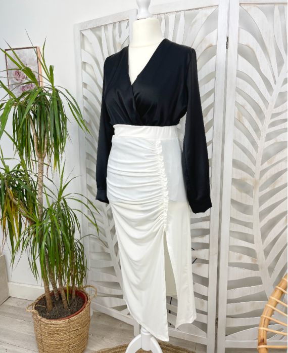 LONG PLEAT SKIRT SLIT STRETCH FABRIC PE433 WHITE