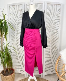 LONG PLEAT SKIRT SLIT STRETCH FABRIC PE433 FUSHIA