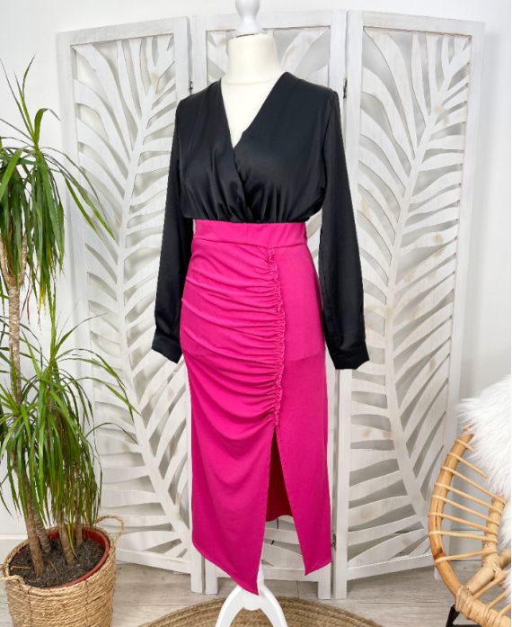 LONG PLEAT SKIRT SLIT STRETCH FABRIC PE433 FUSHIA