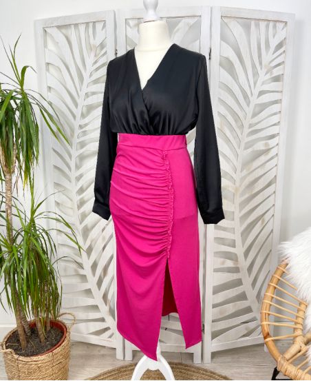 FALDA PLISADA LARGA SLIT STRETCH TELA PE433 FUSHIA