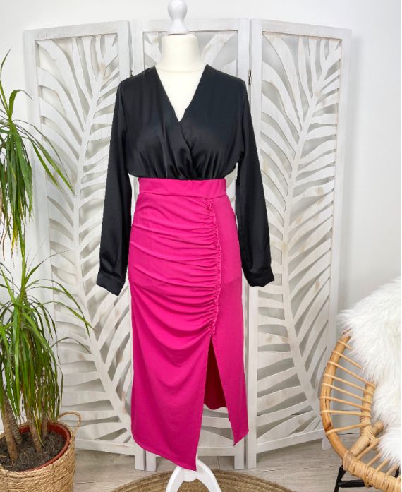 FALDA PLISADA LARGA SLIT STRETCH TELA PE433 FUSHIA