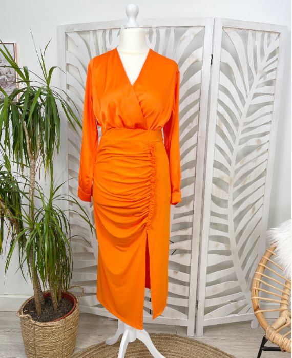 LONG PLEAT SKIRT SLIT STRETCH FABRIC PE433 ORANGE