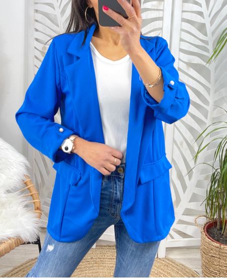 VESTE BLAZER MANCHES PERLE PE643 BLEU ROYAL
