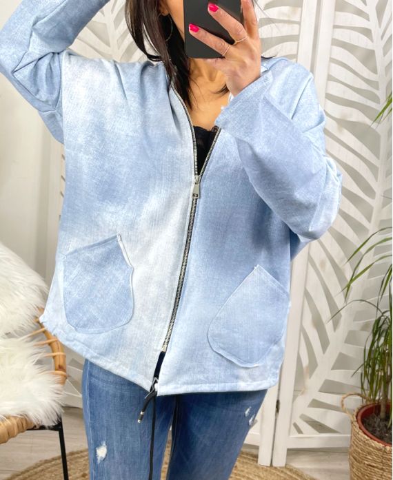 GILET OVERSIZE IN COTONE CON CAPPUCCIO PE669 DELAVE AZZURRO