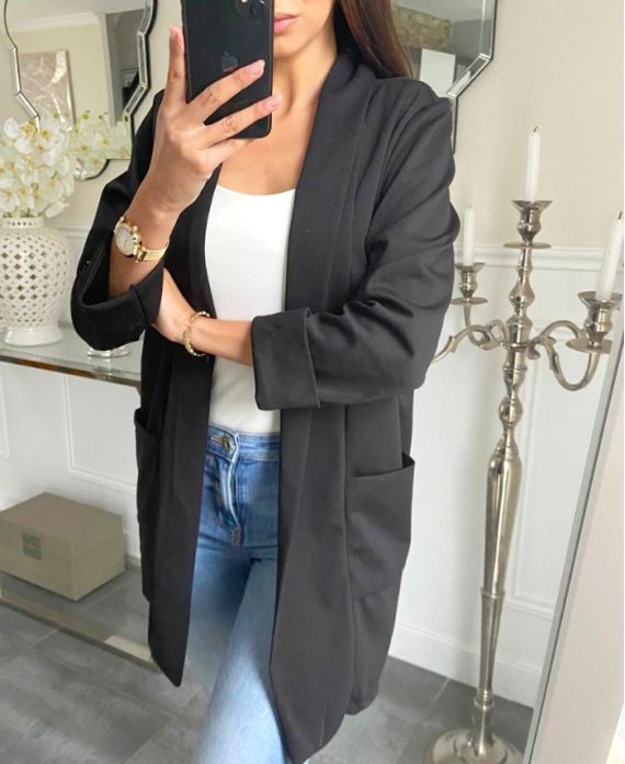 VESTE BLAZER LONGUE 2 POCHES PE621 NOIR