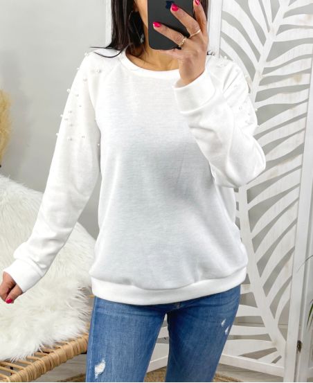 SWEATER SHOULDERS PEARLS 12031 WHITE