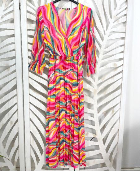 LANGES PLISSIERTES KLEID + GÜRTEL PE303 FUSHIA