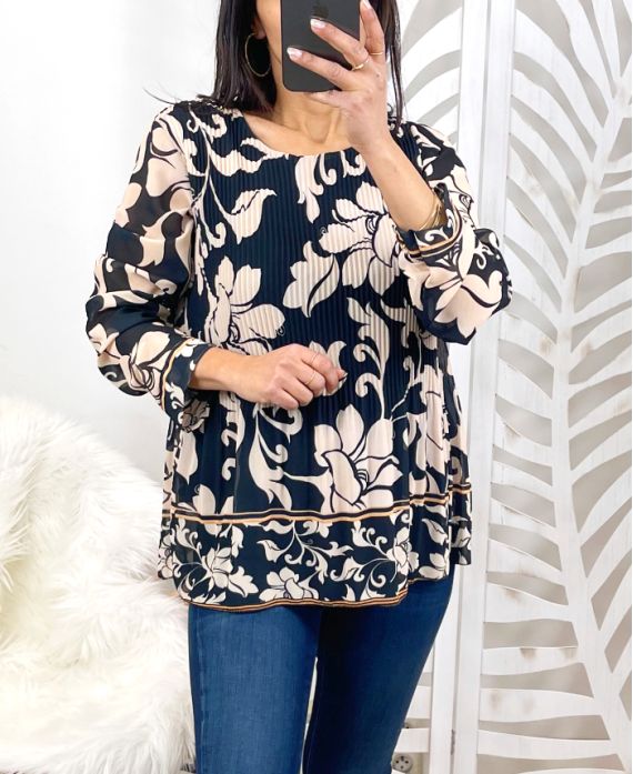 PLEATED BLOUSE PRINTED PE122 BLACK