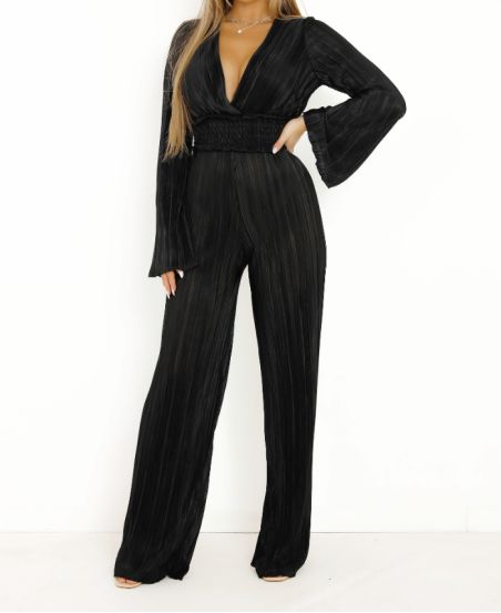 COMBINATION GLOSSY PLEATED PANTS PE815 BLACK