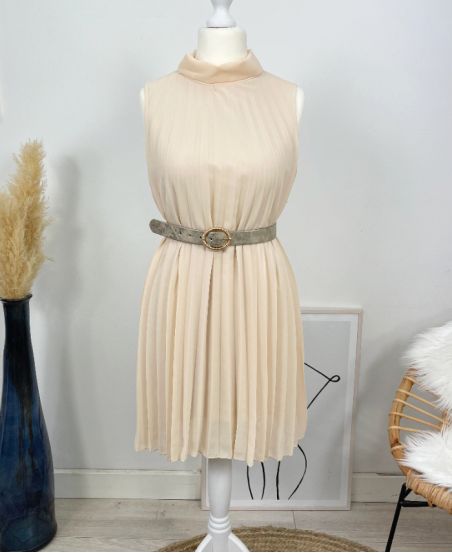 PLEATED DRESS EVASEE PE645 BEIGE