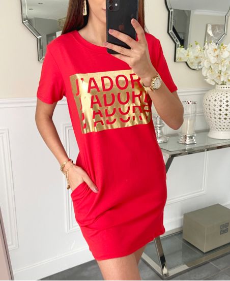 COTTON TUNIC DRESS 2 POCKETS I LOVE PE926 RED