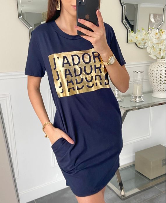 DRESS TUNIC COTTON 2 POCKETS I LOVE PE926 NAVY BLUE