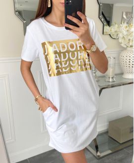 COTTON TUNIC DRESS 2 POCKETS I LOVE PE926 WHITE