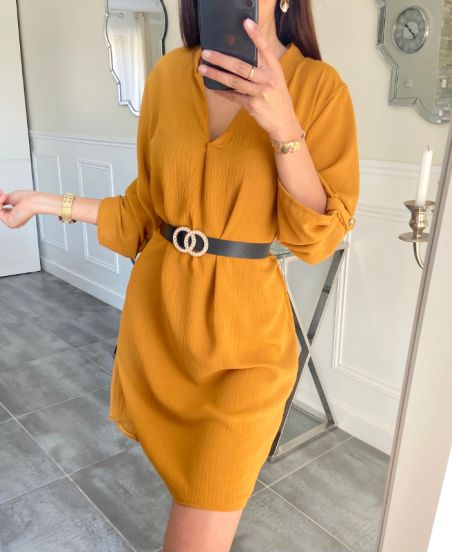 PLAIN TUNIC DRESS + BELT OFFERED PE937 MUSTARD